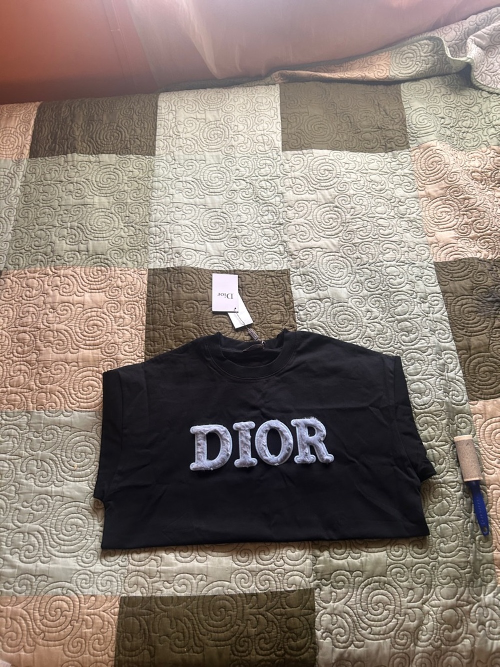 Dior Black Tee with Raised White Logo brand new